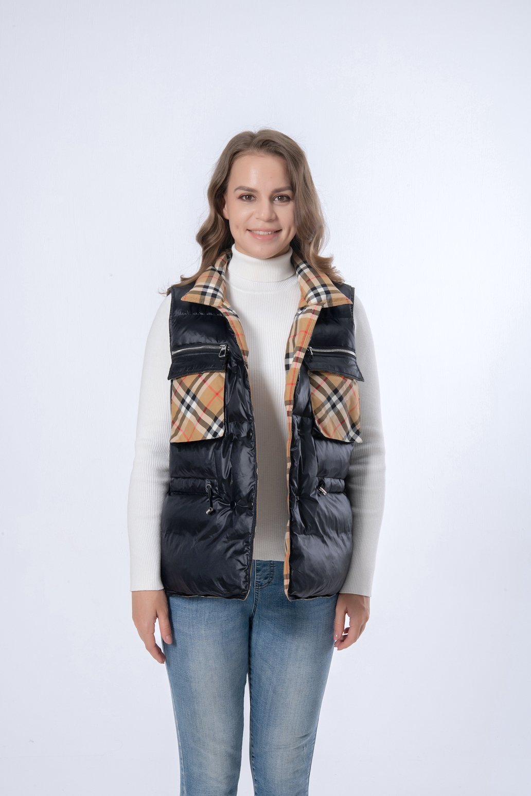 Short Black with Brown Square Down Vest