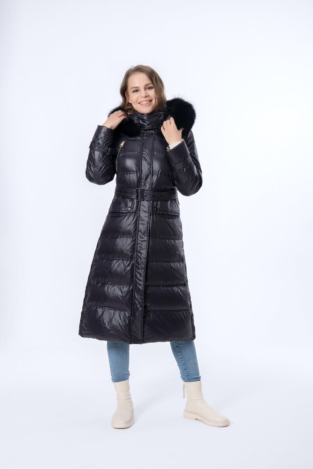 Longer Black Mink Hair Hooded Women Down Jacket