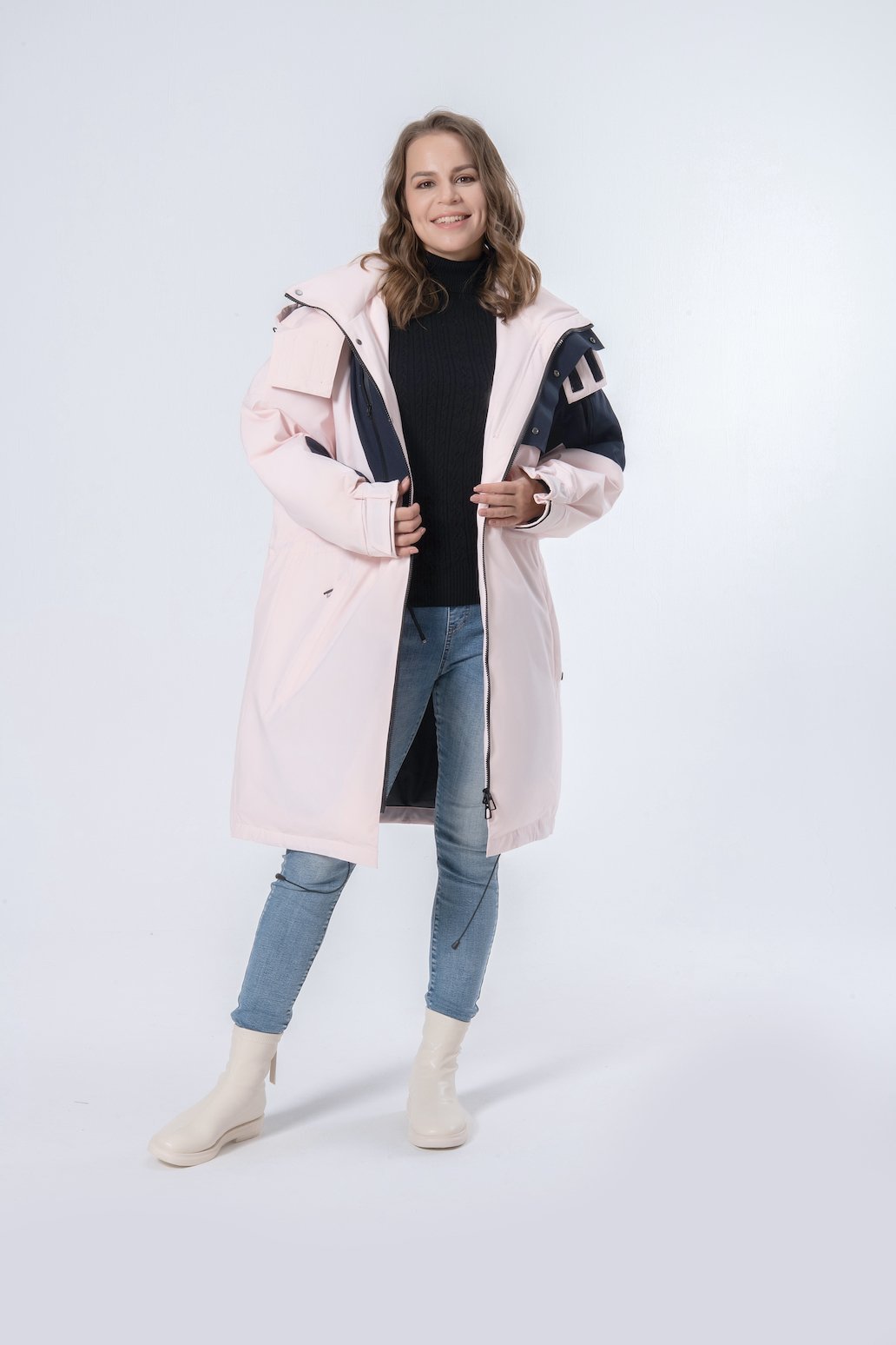 Longer Rope Waist Pink Hooded Women Down Jacket