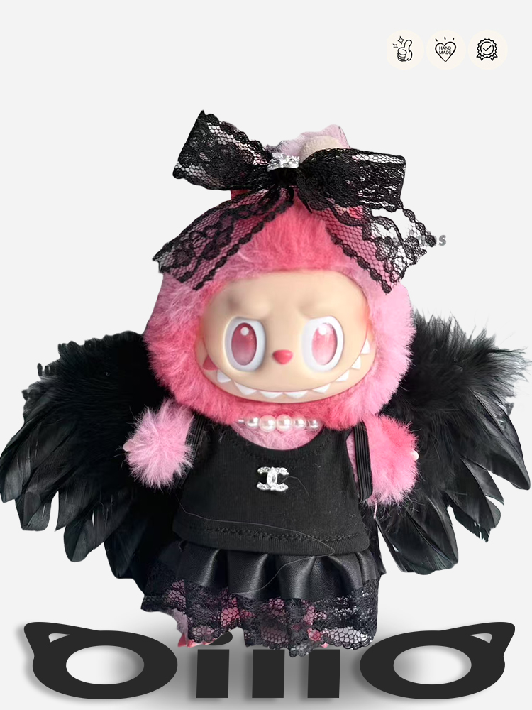LABUBU Clothes Chanel Lace Bow Black Feather Ensemble