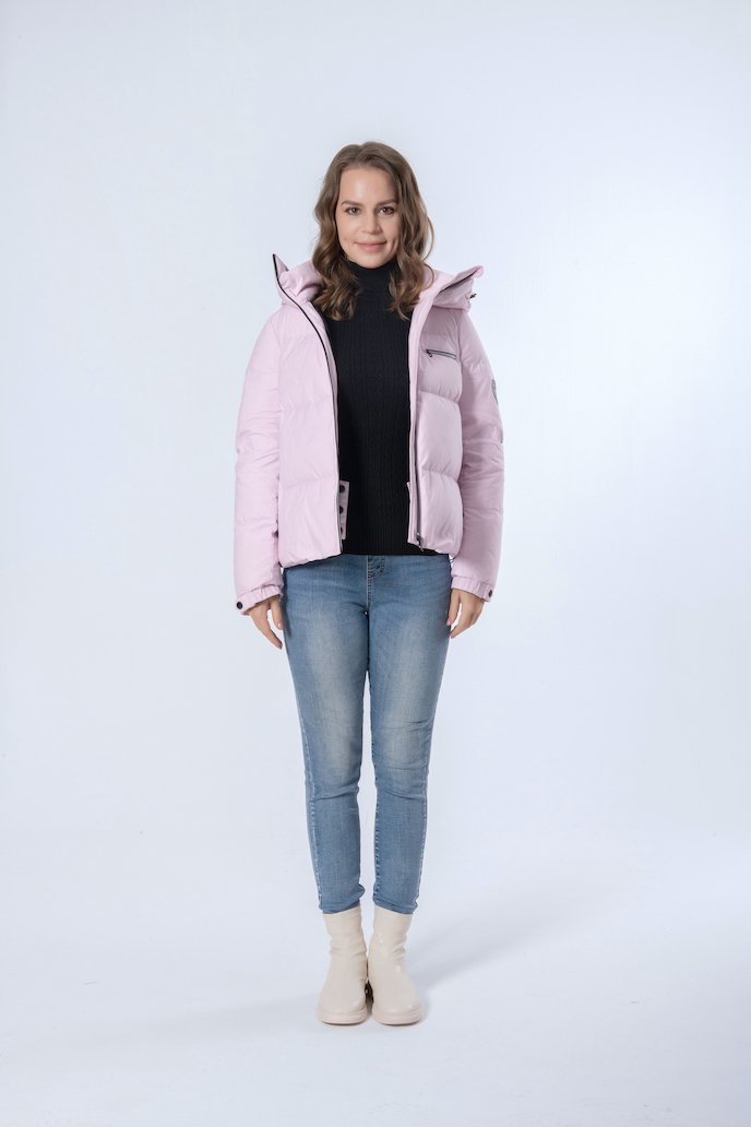 Short Thicker Light Pink Hooded Women Down Jacket