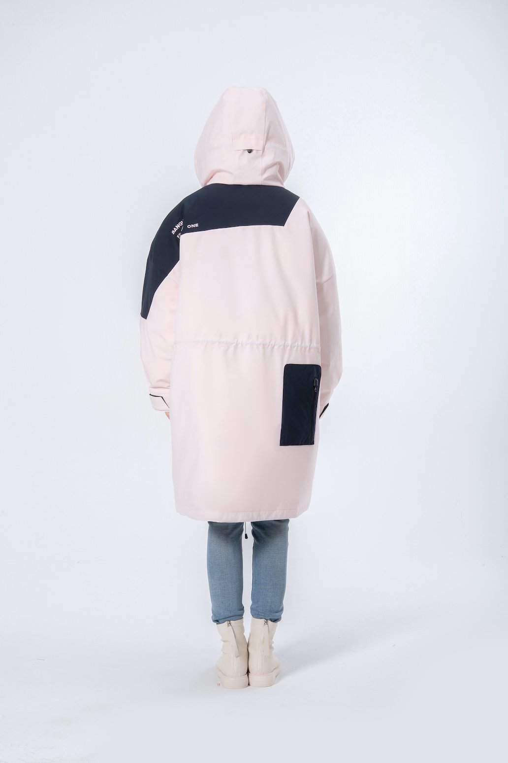 Longer Rope Waist Pink Hooded Women Down Jacket