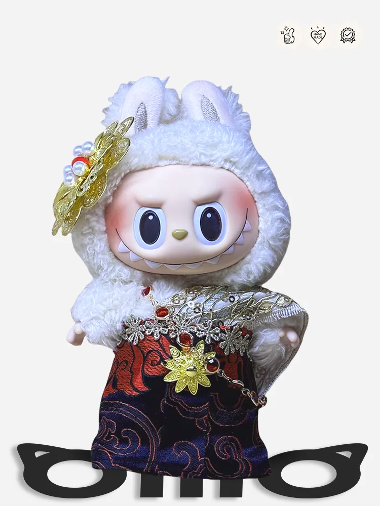 Labubu Clothes Dai - Thai Style White - Fur Embellished Ethnic - Patterned Dress