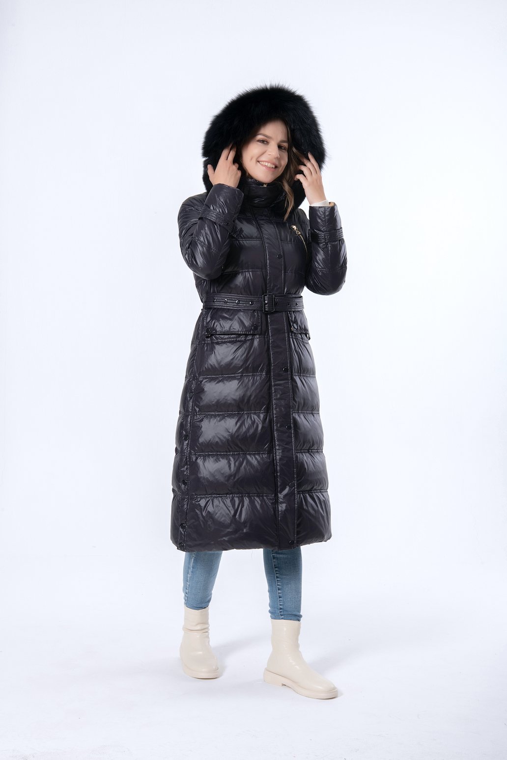 Longer Black Mink Hair Hooded Women Down Jacket