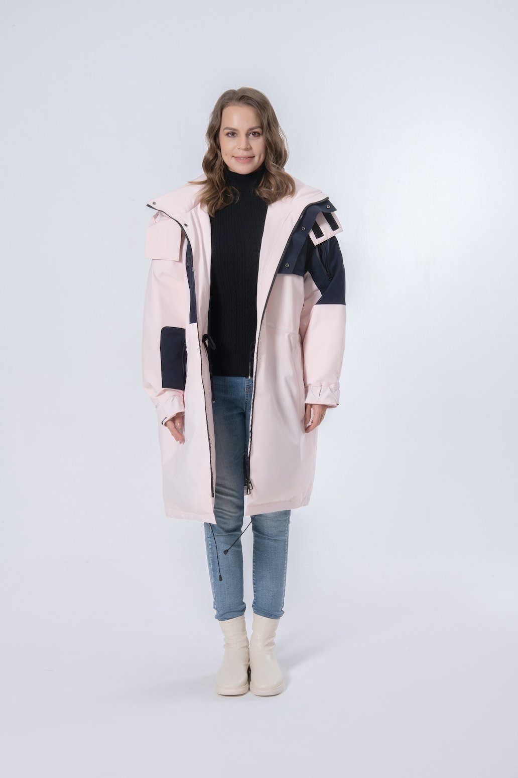 Longer Rope Waist Pink Hooded Women Down Jacket