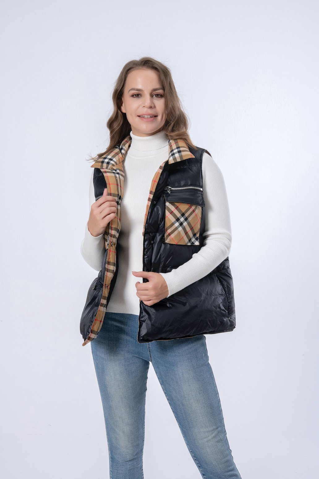 Short Black with Brown Square Down Vest