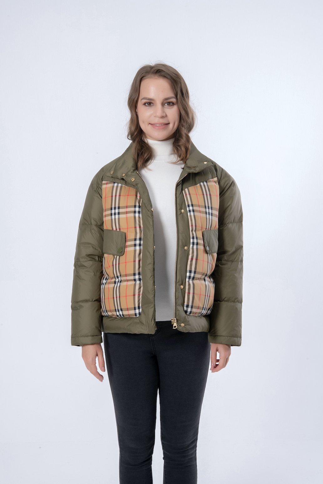 Short Army Green with Brown Square Women Down Jacket