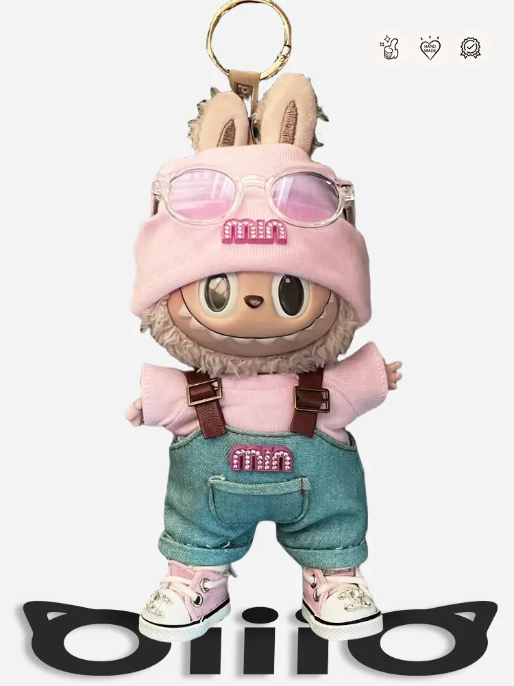 LABUBU Clothes Miu Miu Pink Knit Hat & Overalls Set