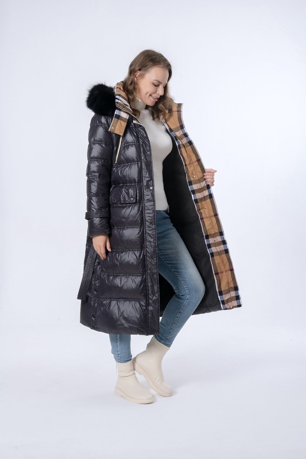Longer Black Mink Hair Hooded Women Down Jacket
