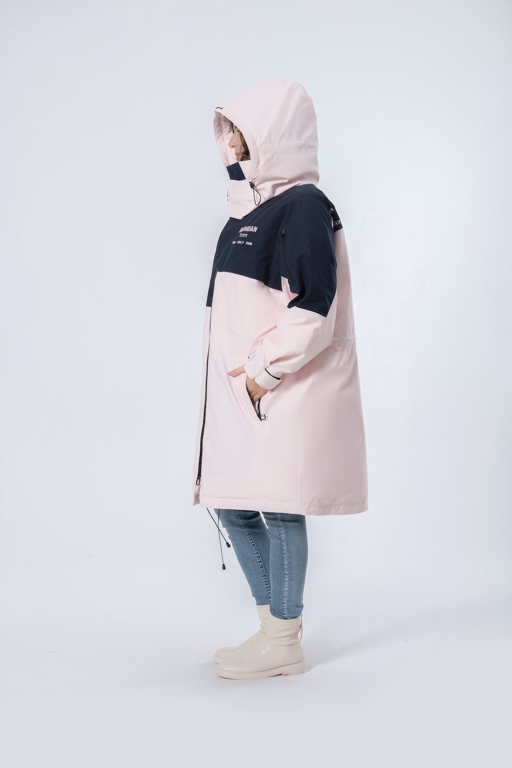 Longer Rope Waist Pink Hooded Women Down Jacket
