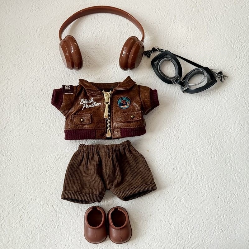 Labubu Clothes Pilot - Inspired Brown Leather Jacket