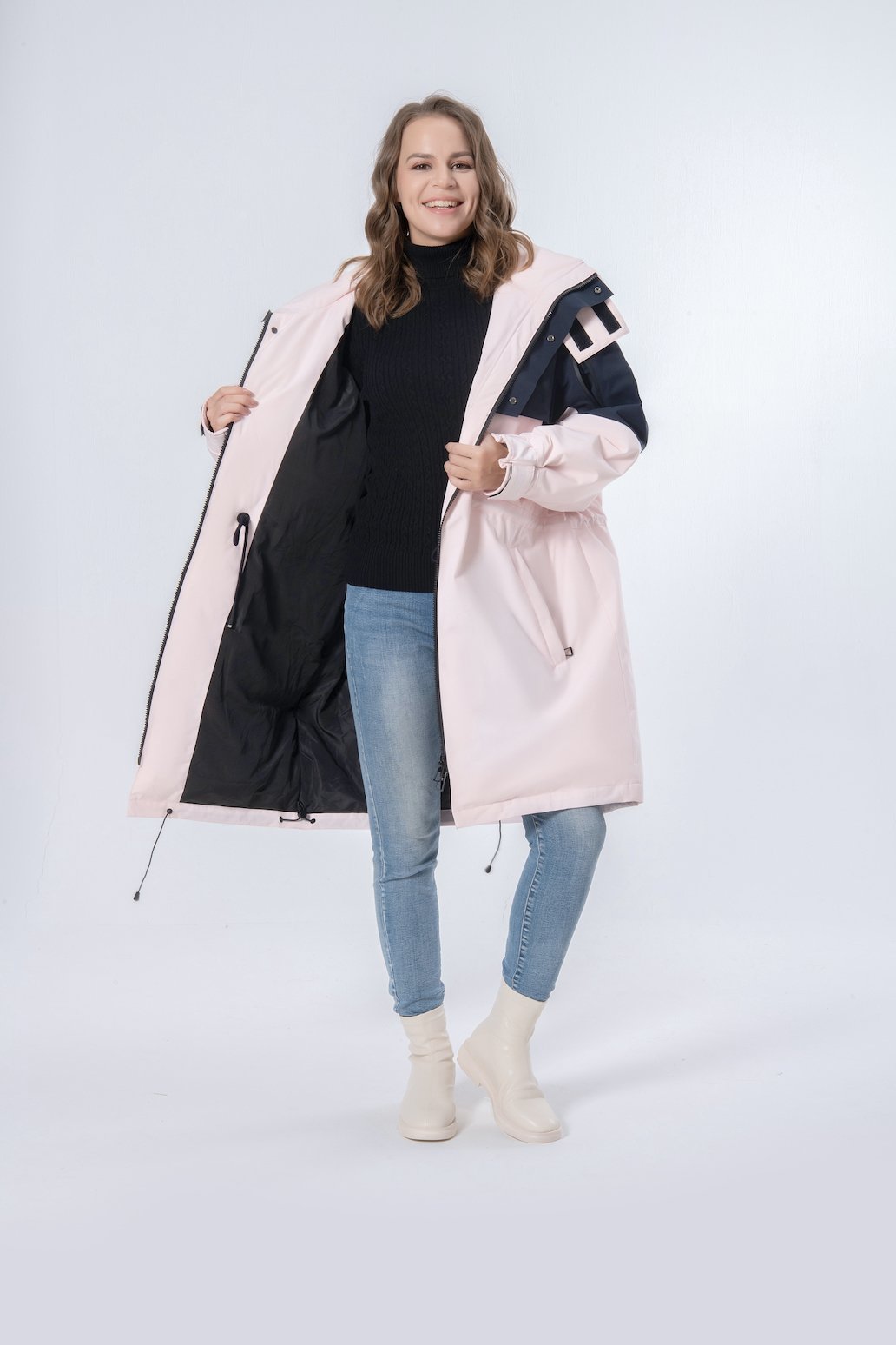 Longer Rope Waist Pink Hooded Women Down Jacket