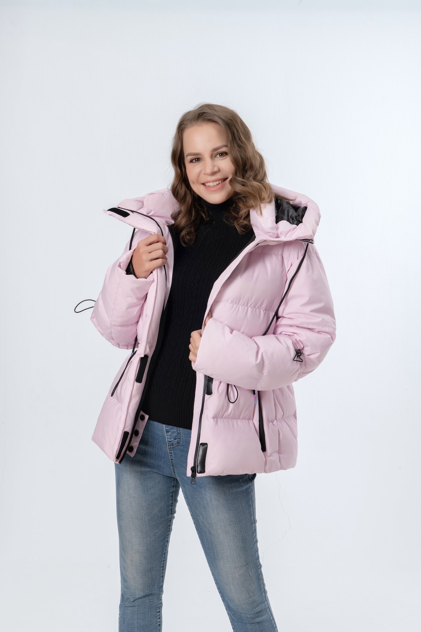 Short Rope Waist Thicker Pink Hooded Women Down Jacket