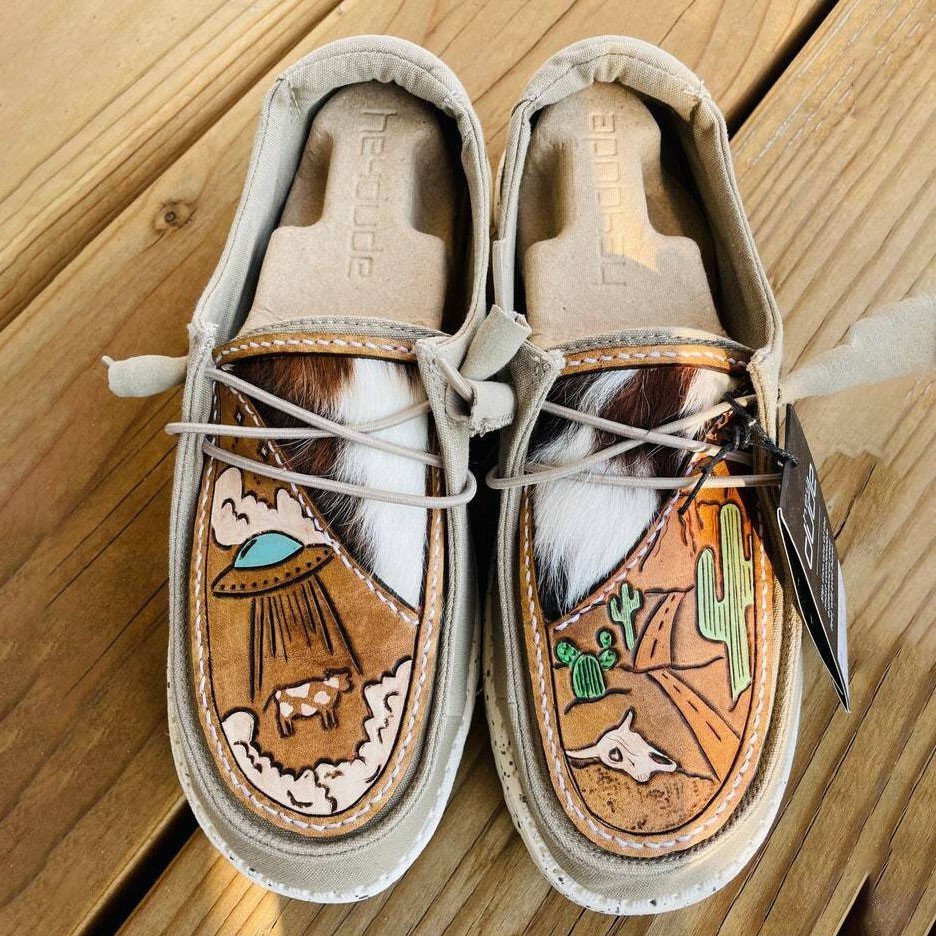 Women's Shoes Custom Hand Tooled Desert Aliens Scene