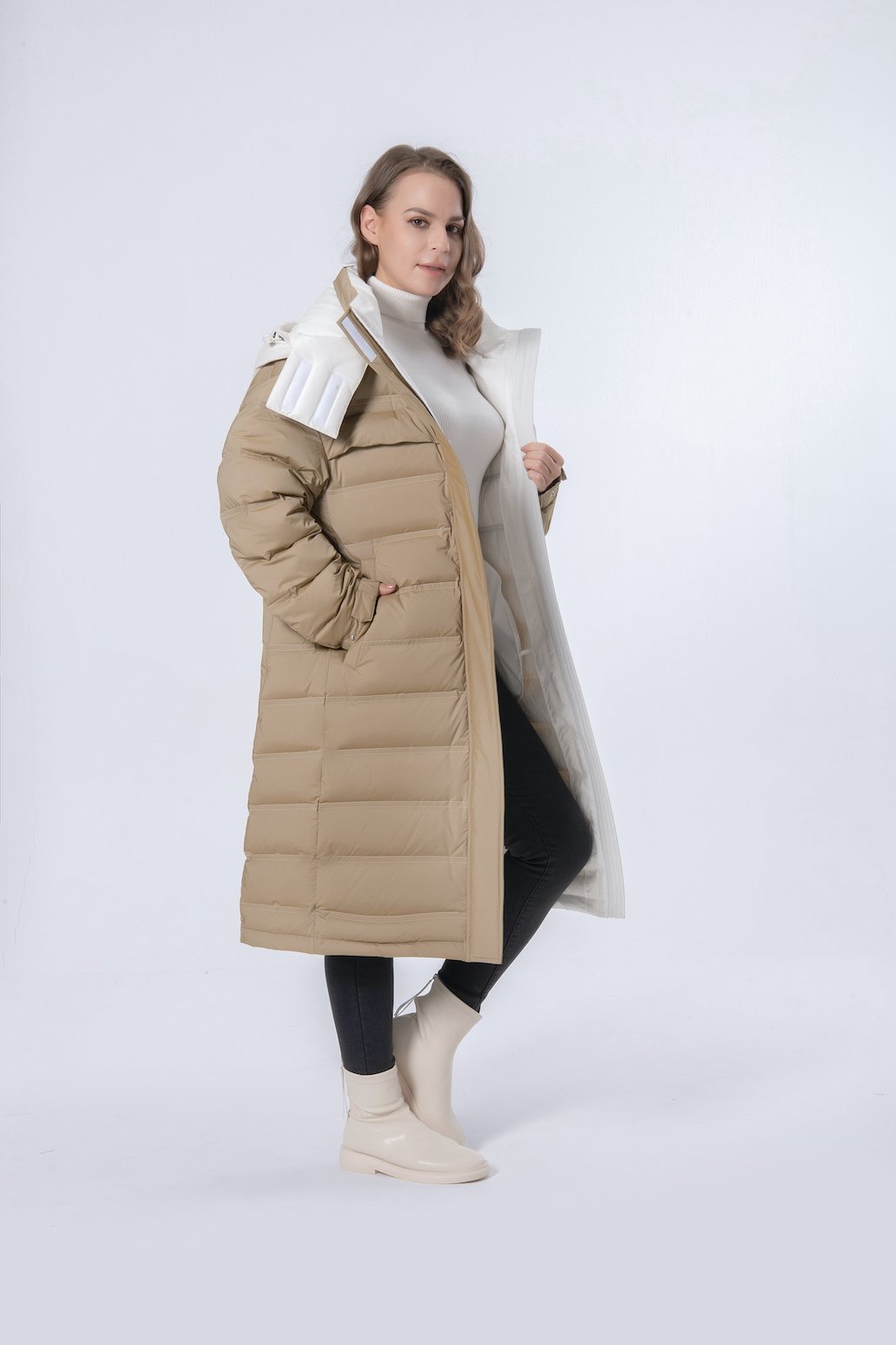 Longer Thicker Khaki Hooded Women Down Jacket