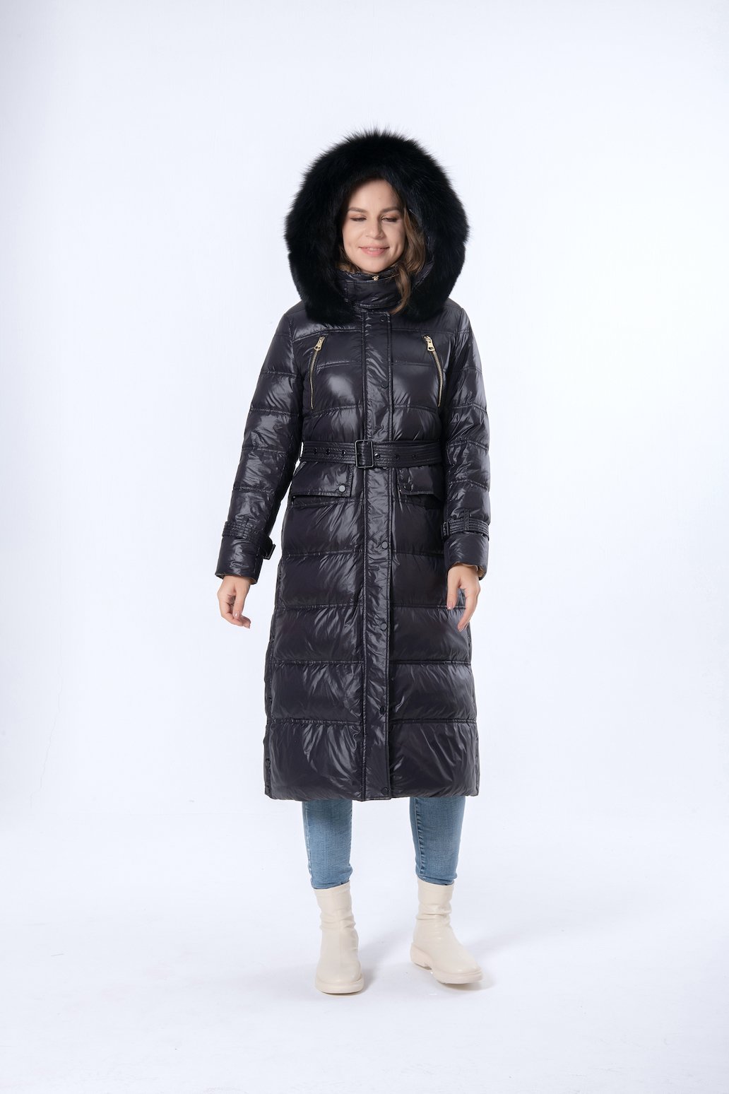 Longer Black Mink Hair Hooded Women Down Jacket
