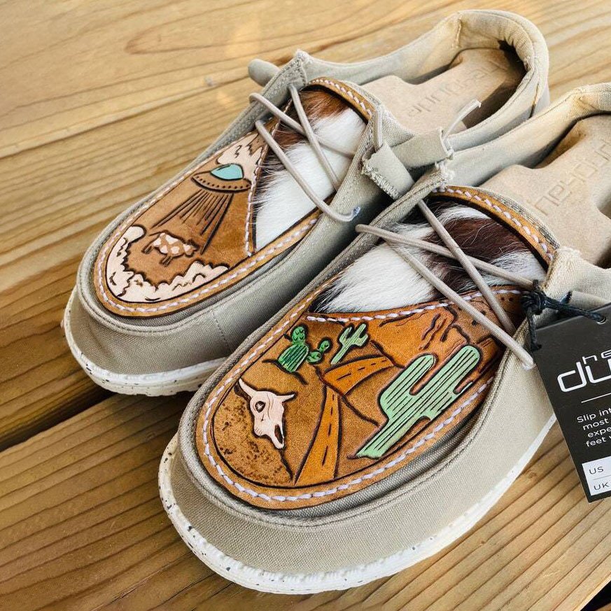 Women's Shoes Custom Hand Tooled Desert Aliens Scene