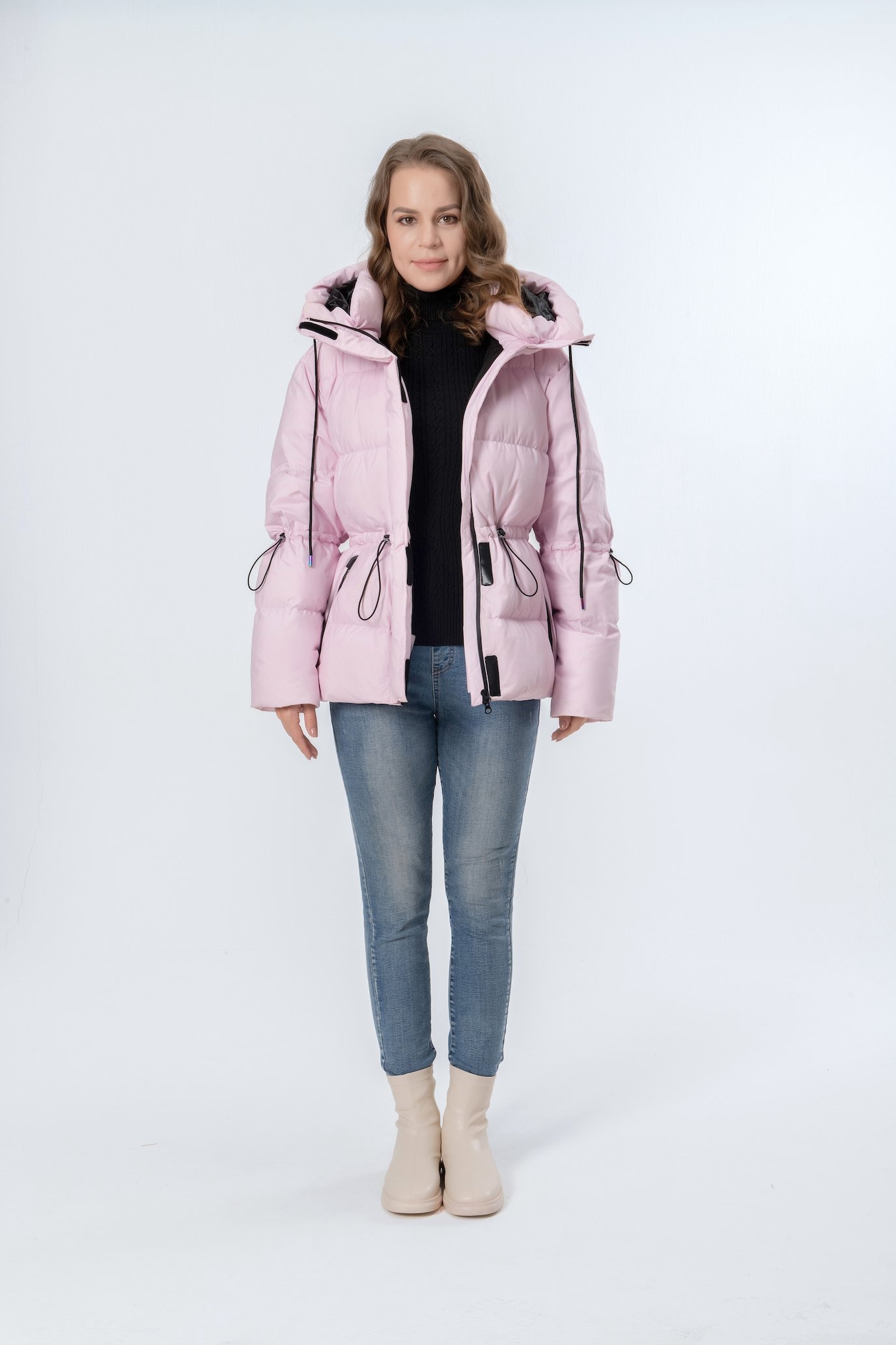 Short Rope Waist Thicker Pink Hooded Women Down Jacket