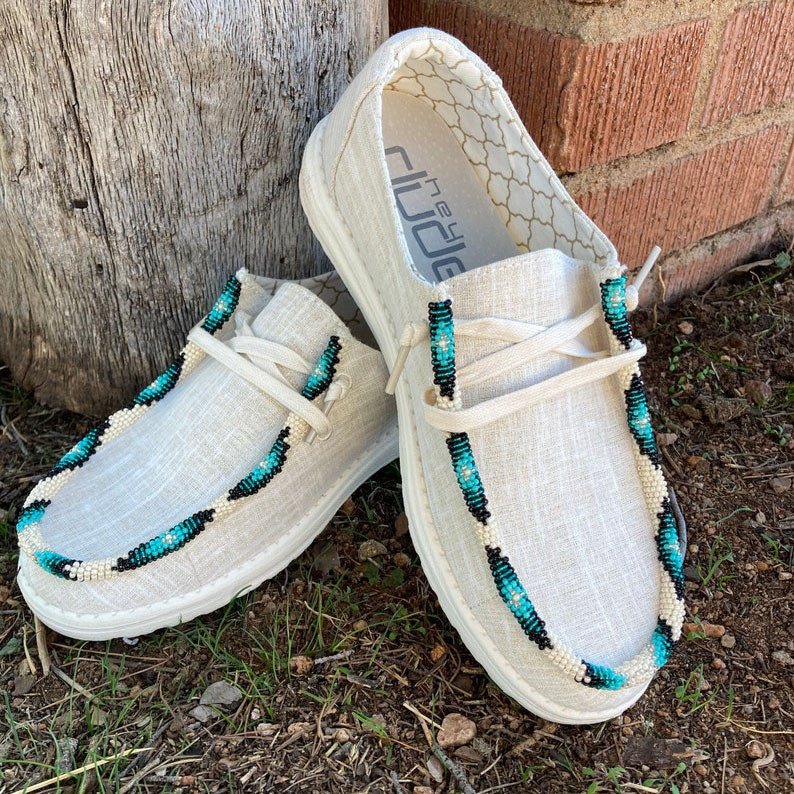 Women's Shoes Beaded Cream Aztec Design