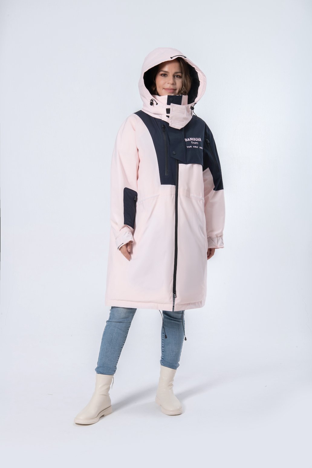 Longer Rope Waist Pink Hooded Women Down Jacket