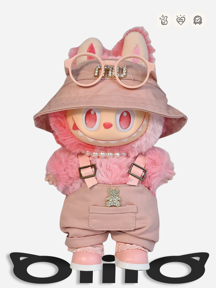 LABUBU Clothes Miu Miu Pink Bucket Hat & Overalls Set