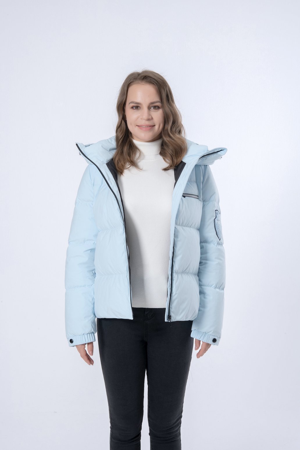 Short Thicker Light Blue Hooded Women Down Jacket