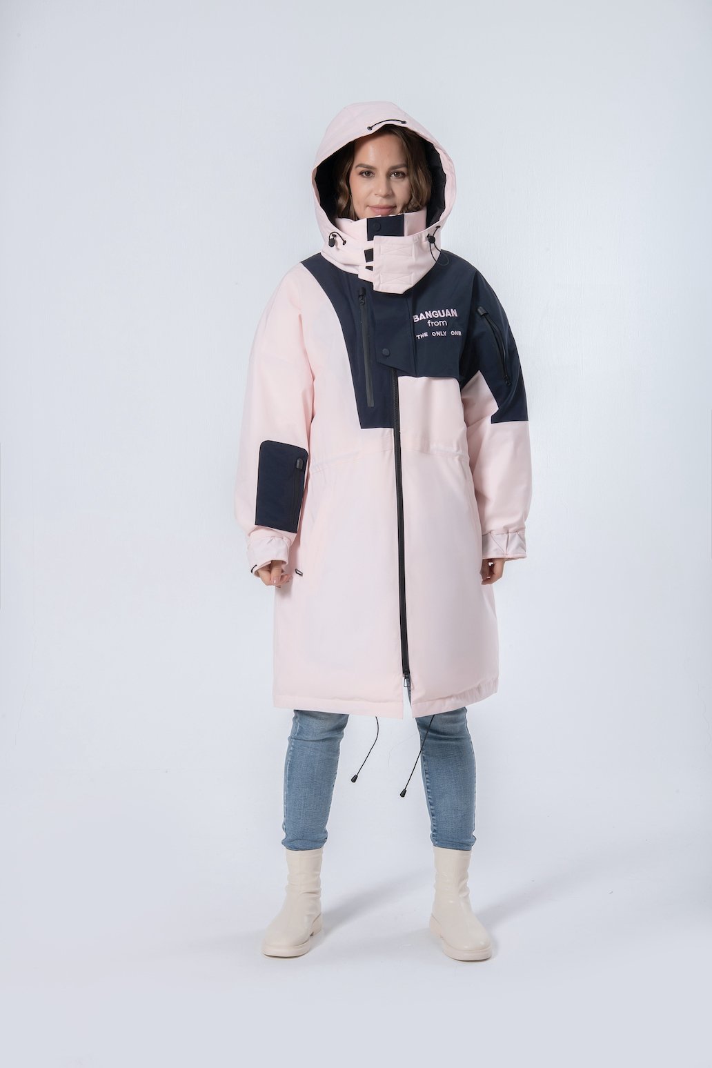 Longer Rope Waist Pink Hooded Women Down Jacket