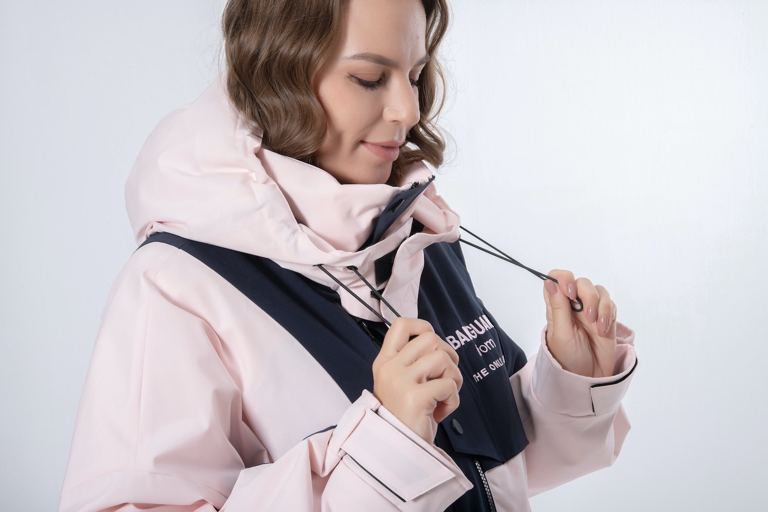 Longer Rope Waist Pink Hooded Women Down Jacket