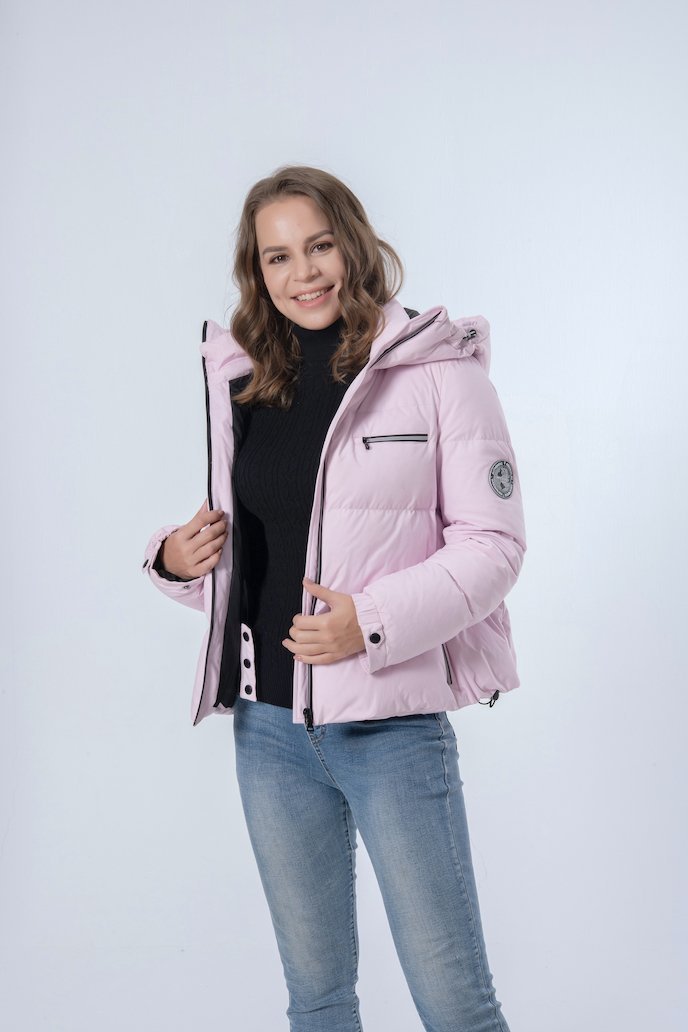 Short Thicker Light Pink Hooded Women Down Jacket