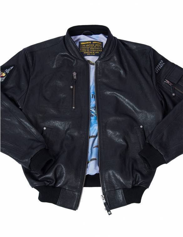 MA-1 TIGERS BOMBER LEATHER JACKET BLACK