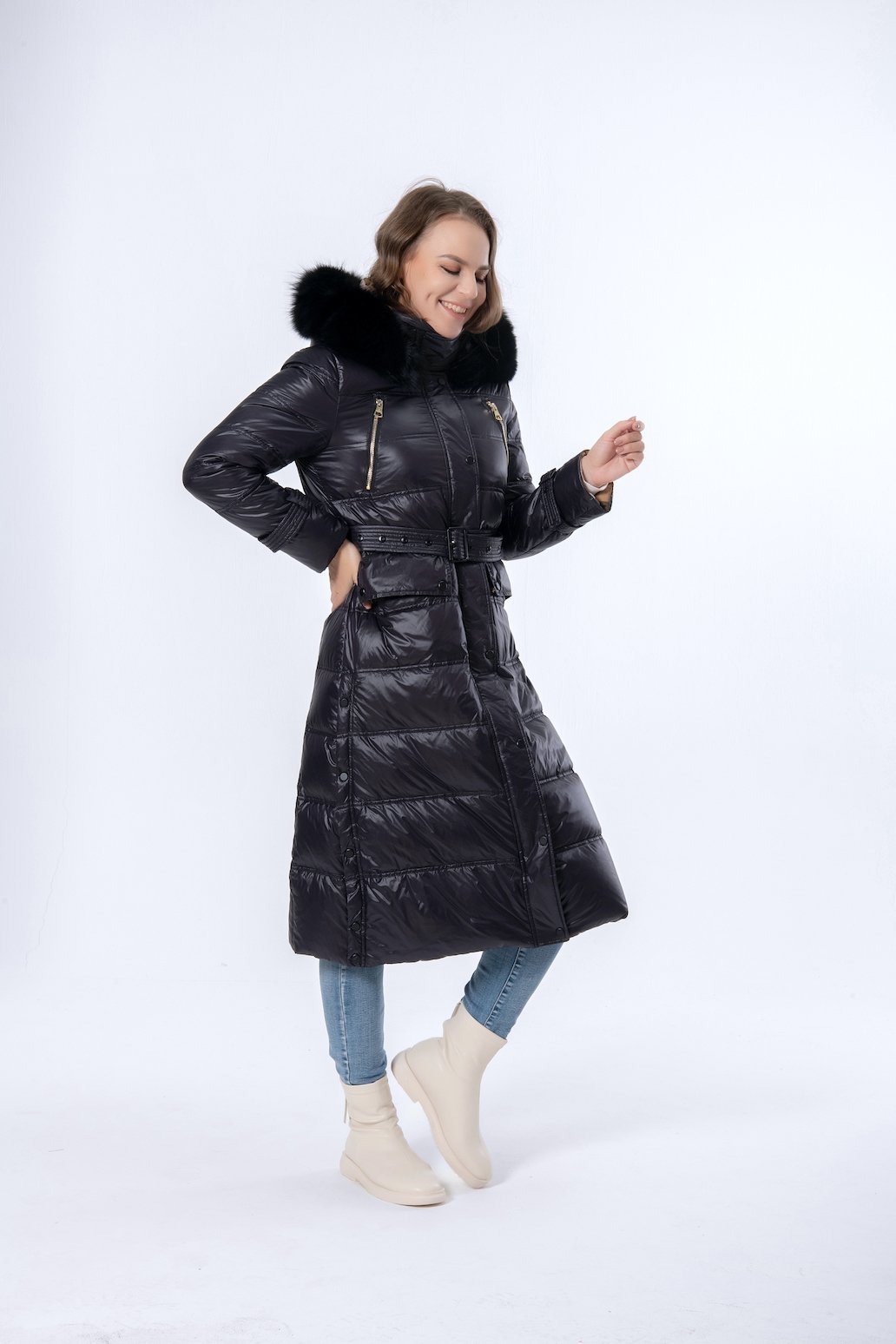 Longer Black Mink Hair Hooded Women Down Jacket