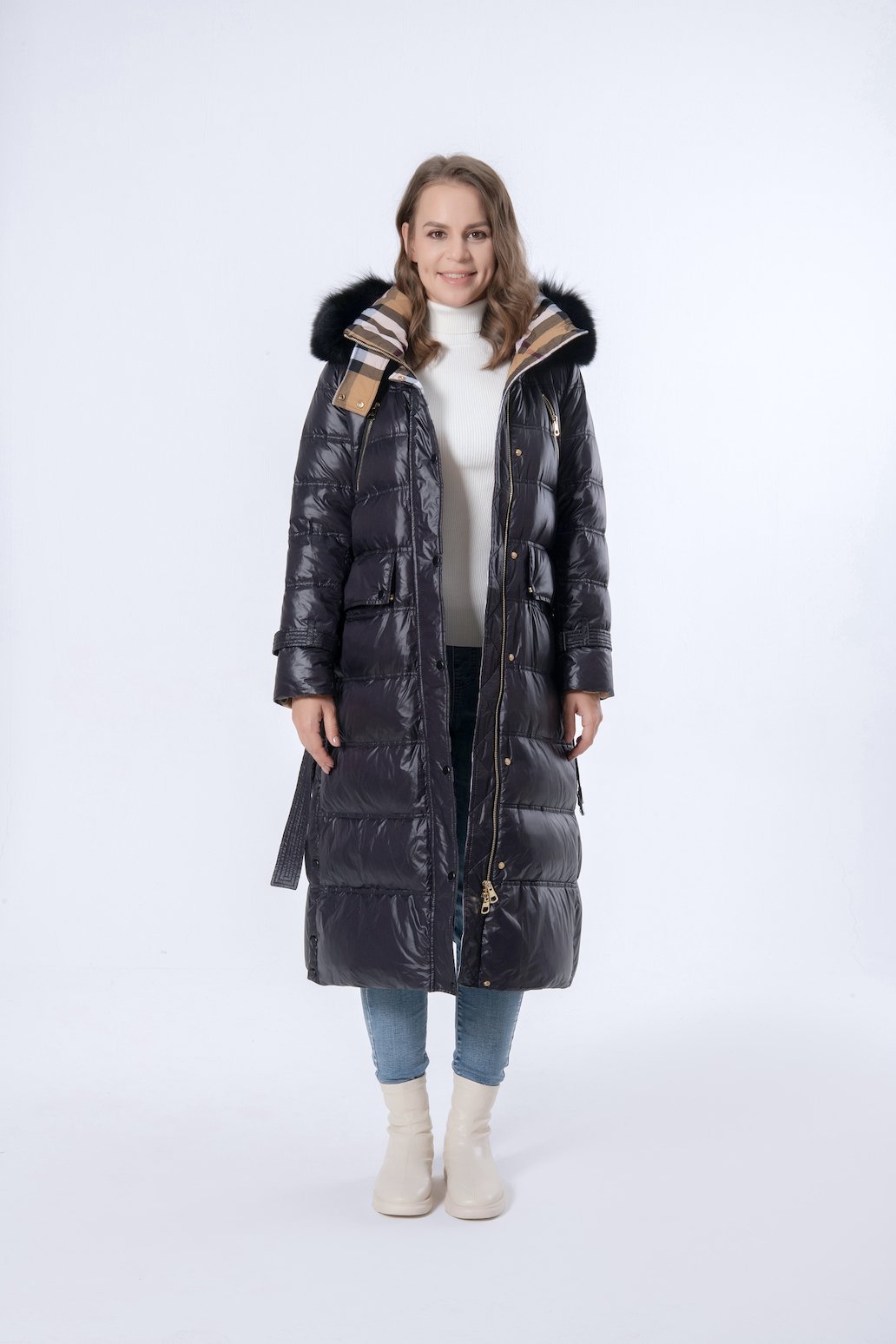 Longer Black Mink Hair Hooded Women Down Jacket