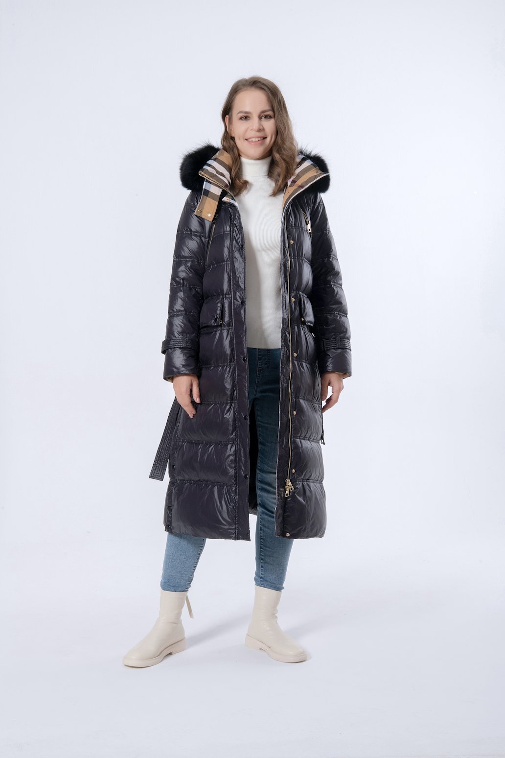 Longer Black Mink Hair Hooded Women Down Jacket