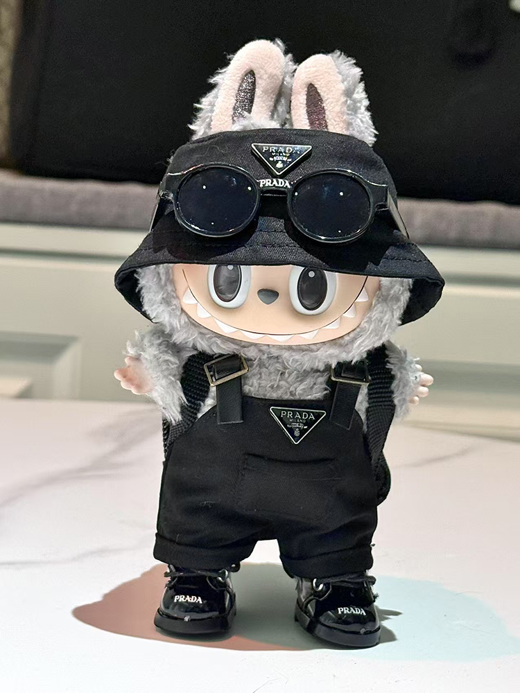 LABUBU Clothes Prada Chic Black Fisherman Hat＆ Overalls Outfit