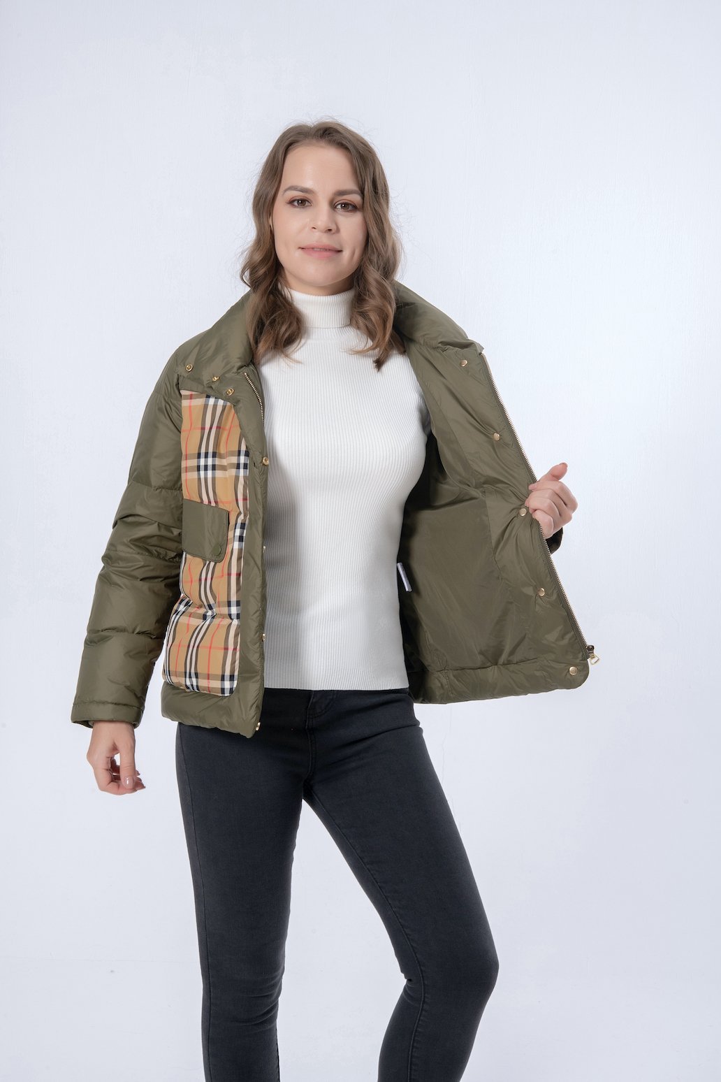 Short Army Green with Brown Square Women Down Jacket