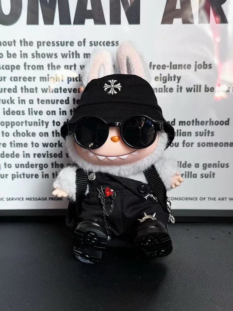 LABUBU Clothes Chrome Hearts Black Bucket Hat & Overalls Set