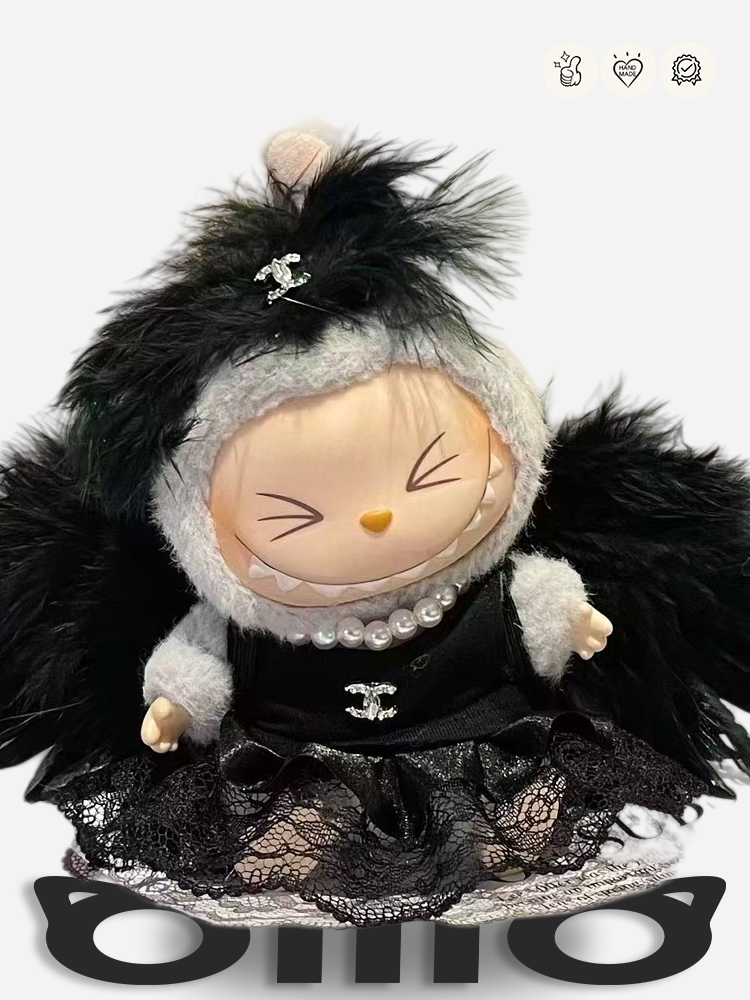 LABUBU Clothes Chanel Black Feather and Lace Outfit