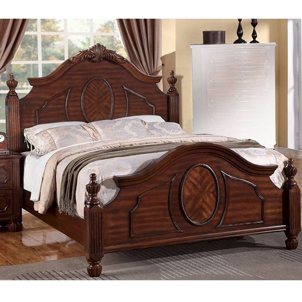 Wooden Queen Bed with Circular Floral Design Cherry Finish - HSZ-1-s