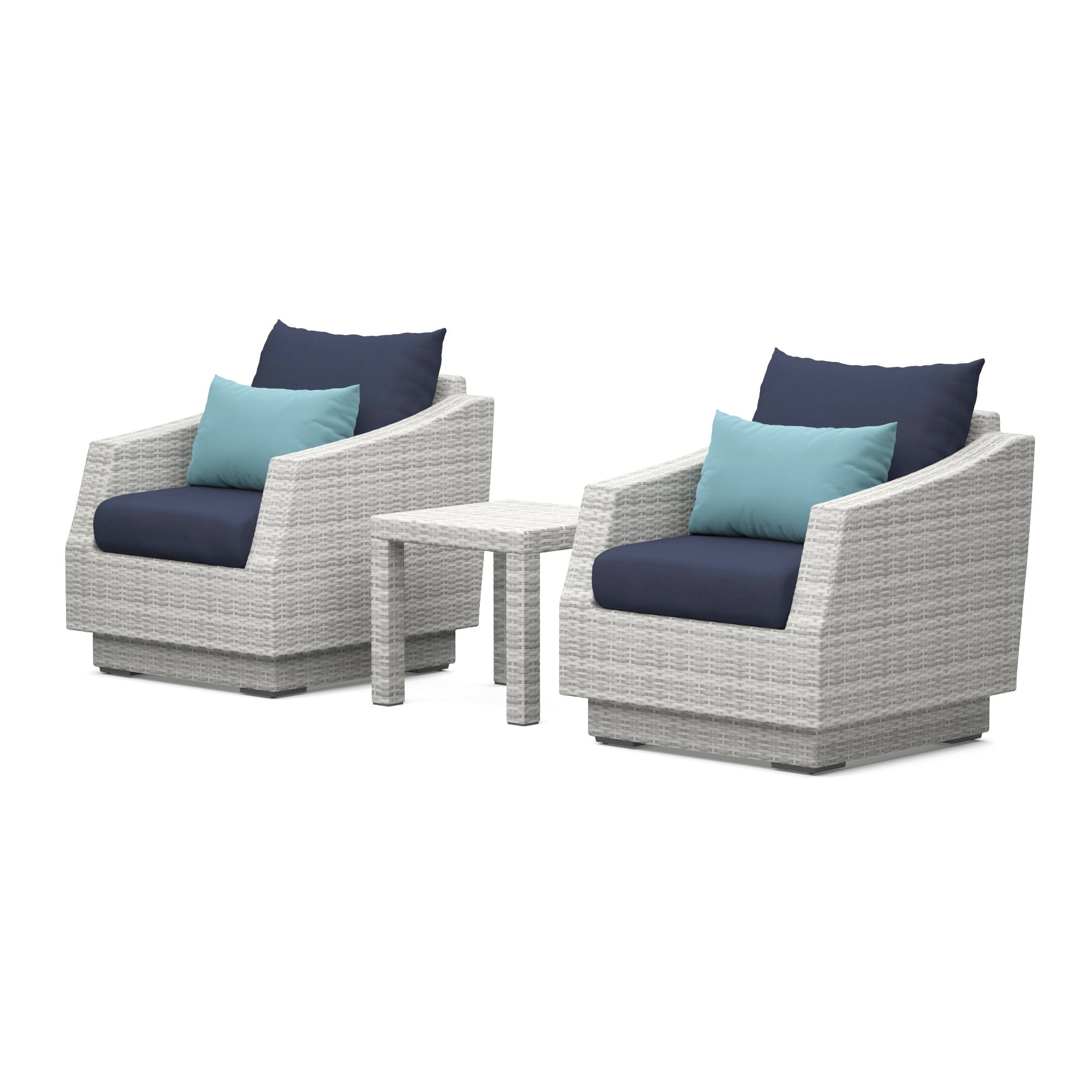 Cannes 3 Piece Gray Wicker Patio Conversation Set With Blue Cushions 