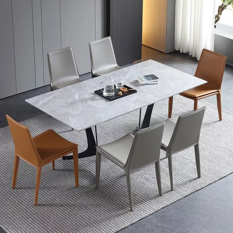 Stylish Kitchen Dining Table Rectangular Square Faux Marble Top Steel Leg Slate Dining Table