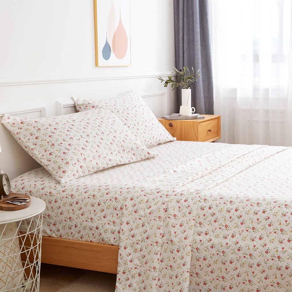 Sheet Set King Sheet Flat Bed Pillowcase 4 Pieces Floral Print Linen Mattress Cover for Bedding Set