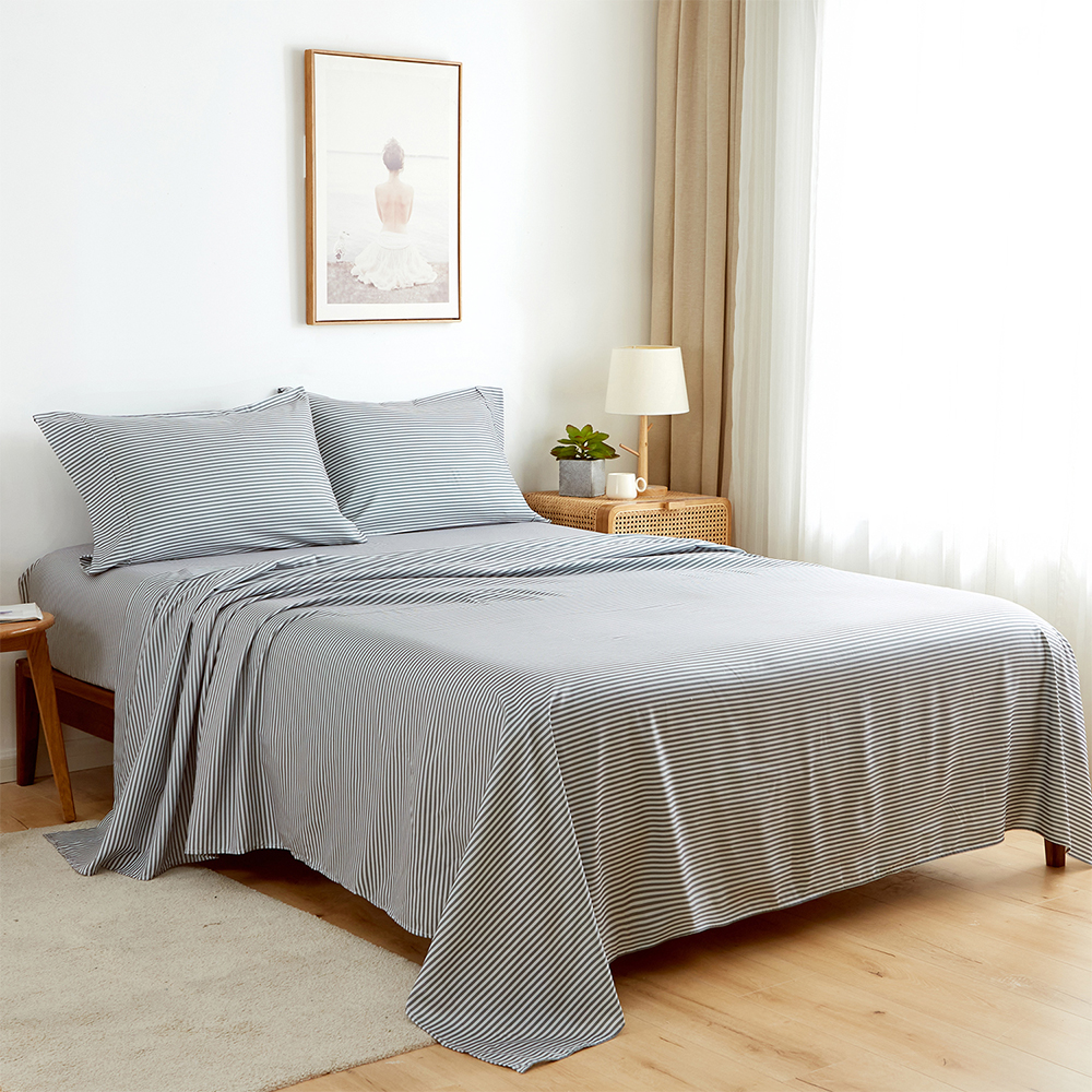 King Size Bedding Linens Set Flat Sheet & Fitted Sheet & Pillow Case Sets Gray Striped Stripe Bed Sheets Topper Mattresses Cover