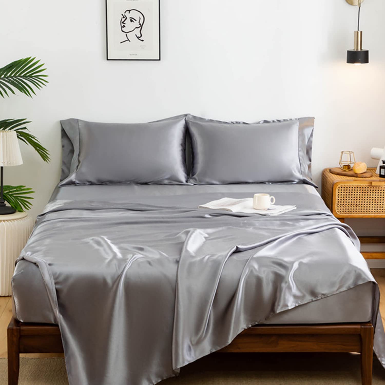 Satin Sheets King Size Sheet Set 3 Piece Luxurious Soft Sheets with Deep Pockets Cool Fitted Sheets for Summer
