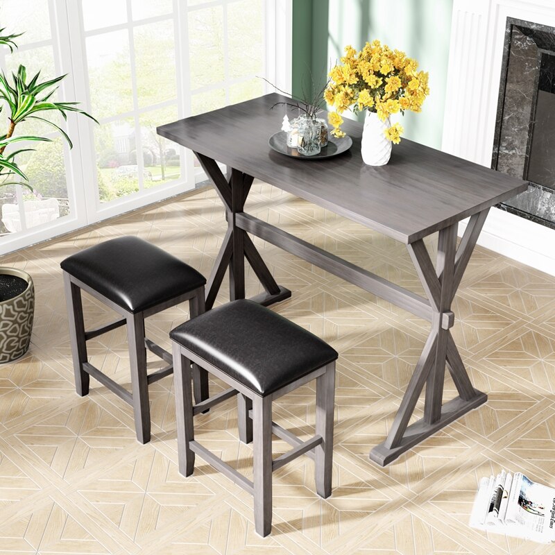 Stylish 3 Piece Counter Height Wooden Kitchen Dining Table Set with 2 Small Place Stools