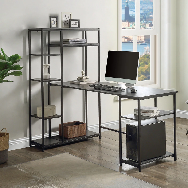 Simple home office computer desk with multiple storage shelves, modern large desk with bookshelves and storage