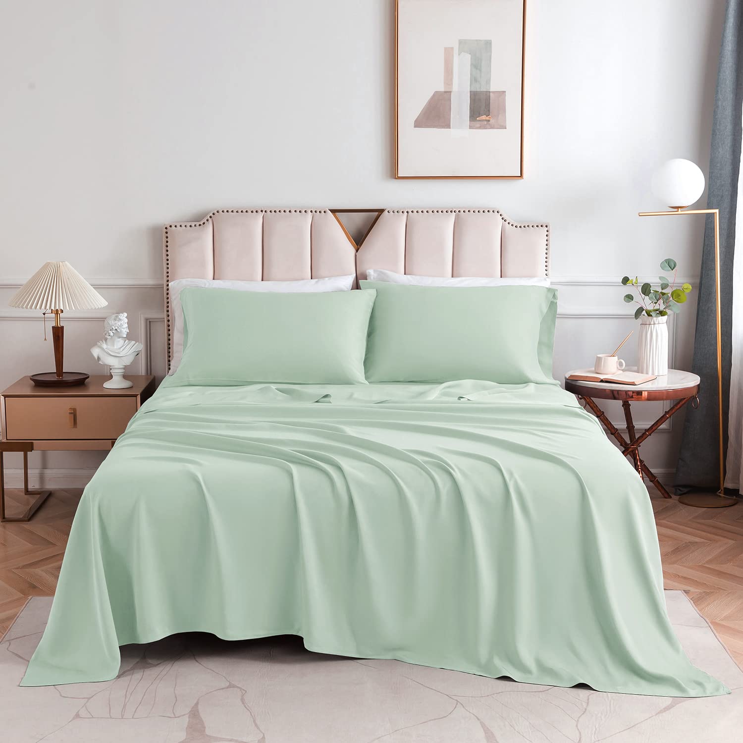 Sheet Set Large Bamboo Flat Sheet Sheet Pillowcase 4 Piece Bed Plain Print Bedding Set