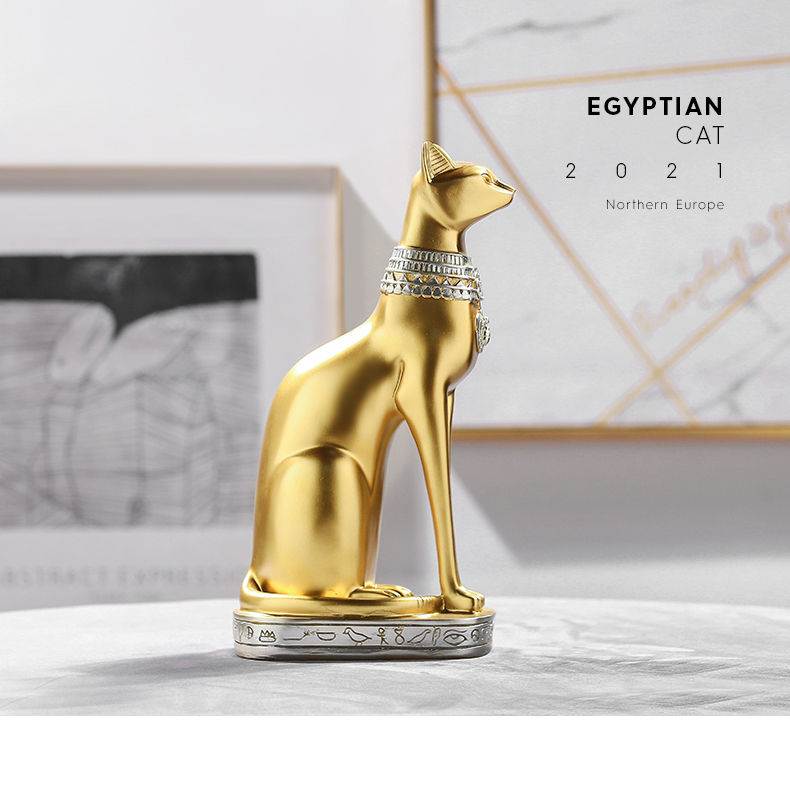 Simple Design Golden Ancient Egyptian Cat Sculpture Light Luxury Home Living Room Decoration Small Statue Indoor Resin Craft