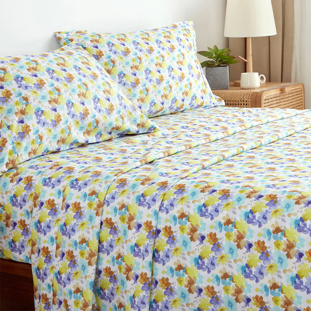 Bed Sheet Set King Size Fitted Sheet Flat Sheets with Pillowcase Cover 4Pcs Floral Printed Linens for 2 People Soft Bedding Set