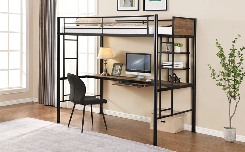 Loft bed with desk and shelf, simple and stylish space saving design
