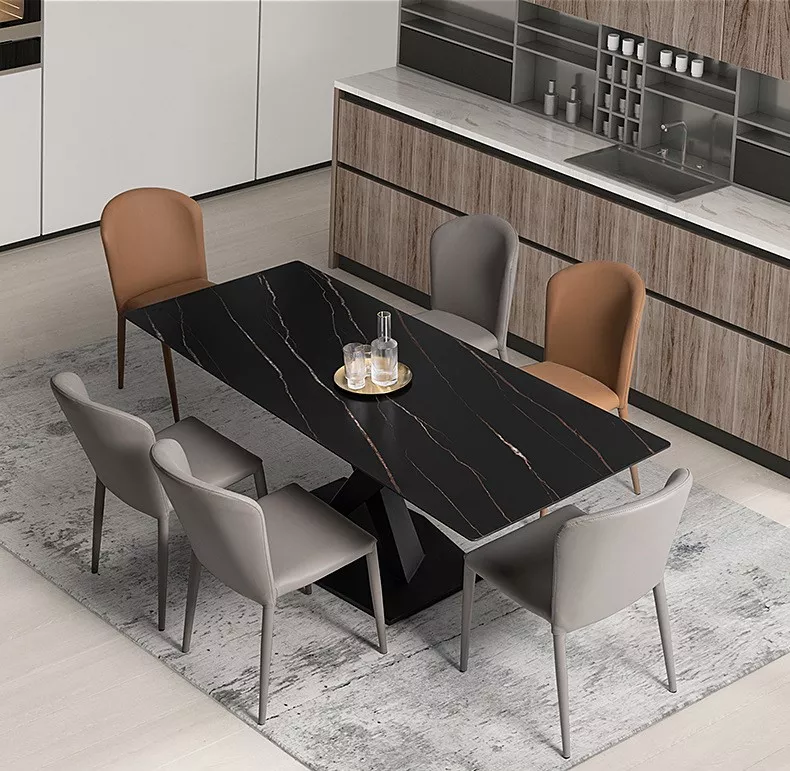 Stylish Kitchen Dining Table Rectangular Square Faux Marble Top Steel Leg Slate Dining Table